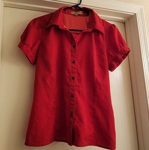 Red dot collared button up short sleeve top women's size S